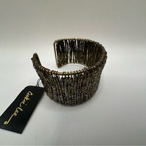 Cookie Lee Glass Bead Cuff Bracelet Wide Statement Bronze Gold Tone Boho Glam